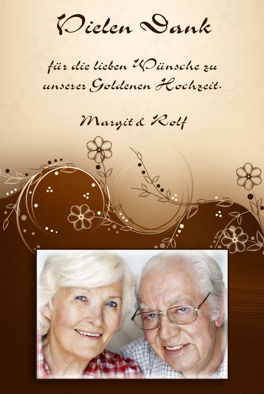 Dankeskarten & Danksagungen Goldene Hochzeit mit Blümchen in creme-braun, auch für Diamantene Hochzeiten